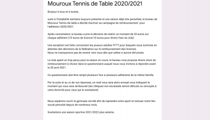 Adhésion Mouroux Tennis de Table 2020/2021